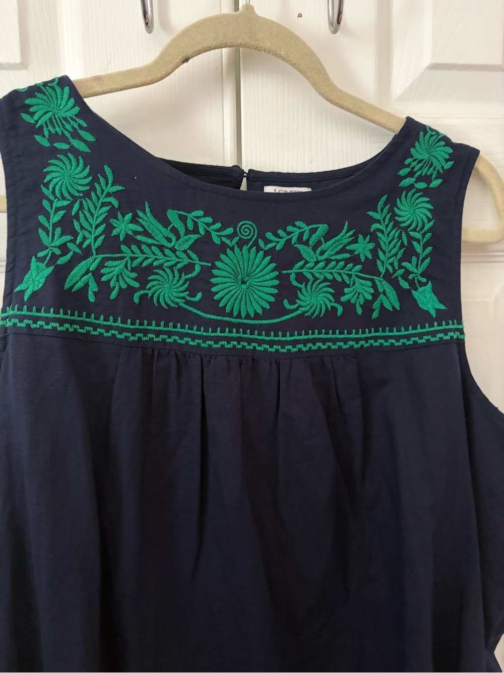 J. Crew Navy Sleeveless Dress with Green Embroidered Yoke and Hem - Picture 3 of 4